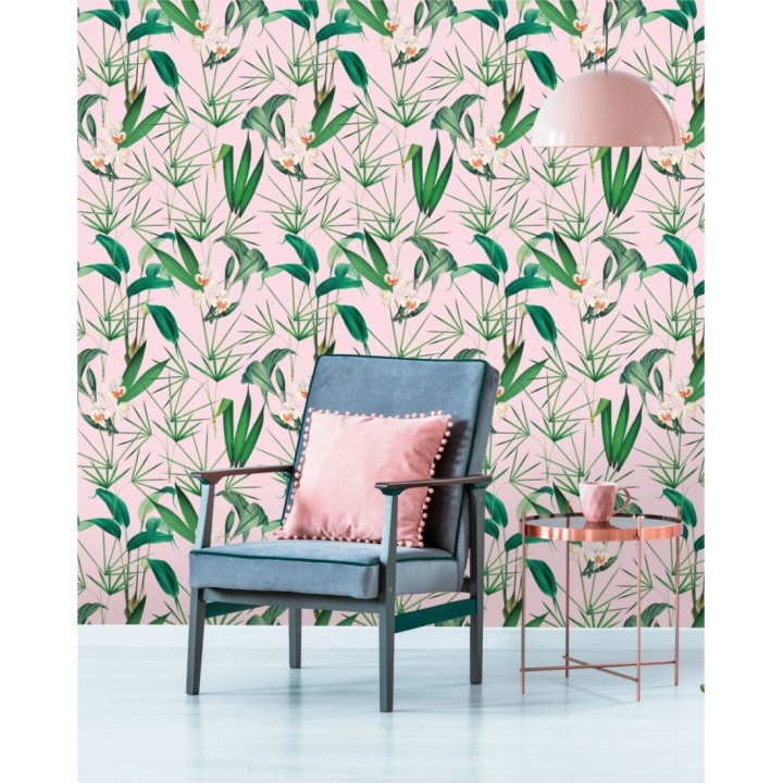 Papel pintado flores blancas y hojas con fondo rosa pálido - Palms Hunting 128125