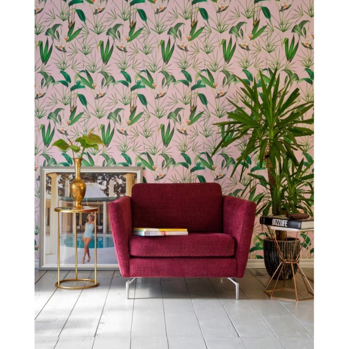 Papel pintado flores blancas y hojas con fondo rosa pálido - Palms Hunting 128125