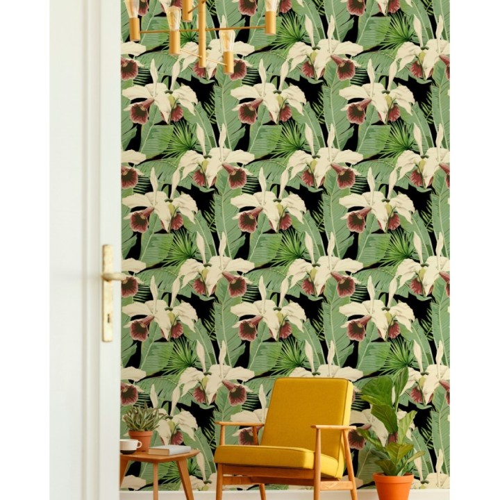 Papel pintado hojas grandes y flores rojizas con fondo negro - Summer in Acapulco 128128