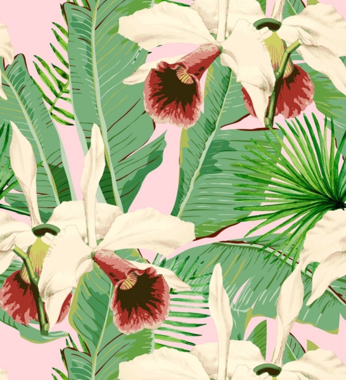 Papel pintado hojas grandes y flores rojizas con fondo rosa pálido - Summer in Acapulco 128129
