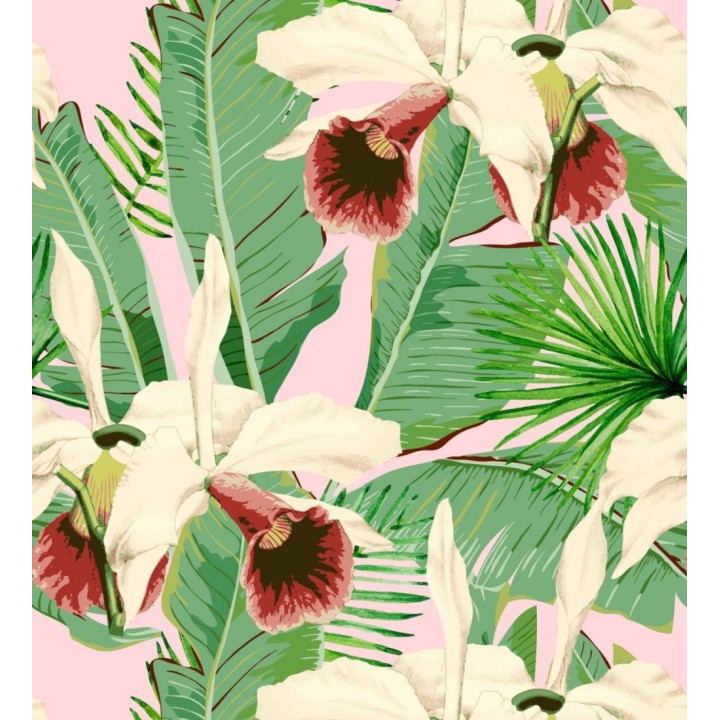 Papel pintado hojas grandes y flores rojizas con fondo rosa pálido - Summer in Acapulco 128129