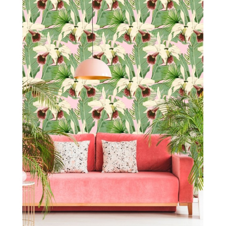 Papel pintado hojas grandes y flores rojizas con fondo rosa pálido - Summer in Acapulco 128129