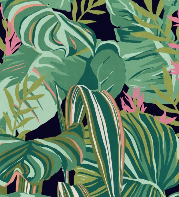 Papel pintado hojas grandes dibujadas fondo oscuro - Palm Ranger 128130