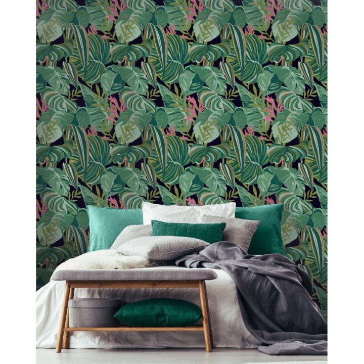 Papel pintado hojas grandes dibujadas fondo oscuro - Palm Ranger 128130