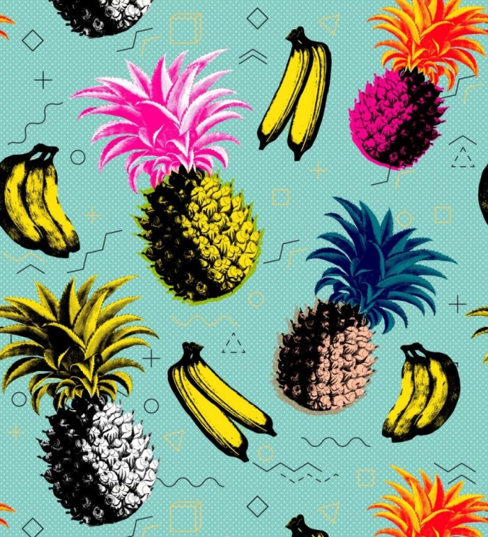 Papel pintado frutas tropicales fondo turquesa estilo pop - Warhol Fruits 128139
