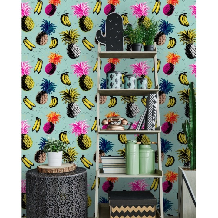 Papel pintado frutas tropicales fondo turquesa estilo pop - Warhol Fruits 128139