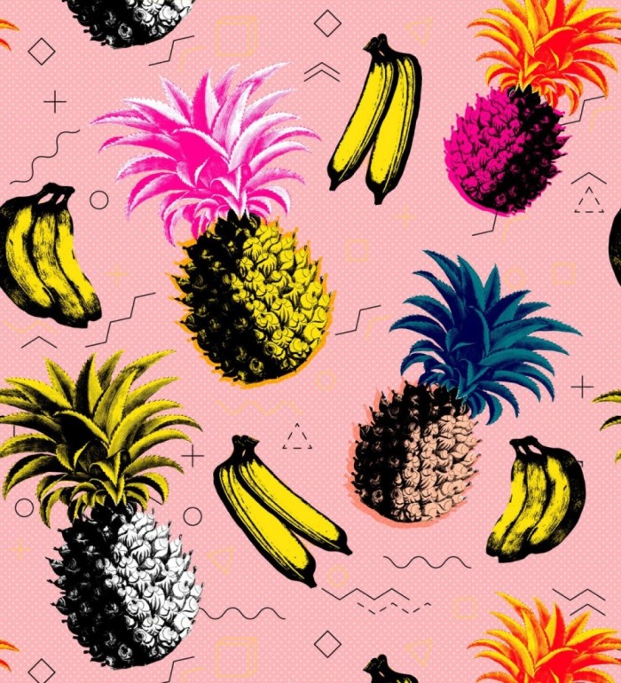 Papel pintado frutas tropicales fondo rosa estilo pop - Warhol Fruits 128140