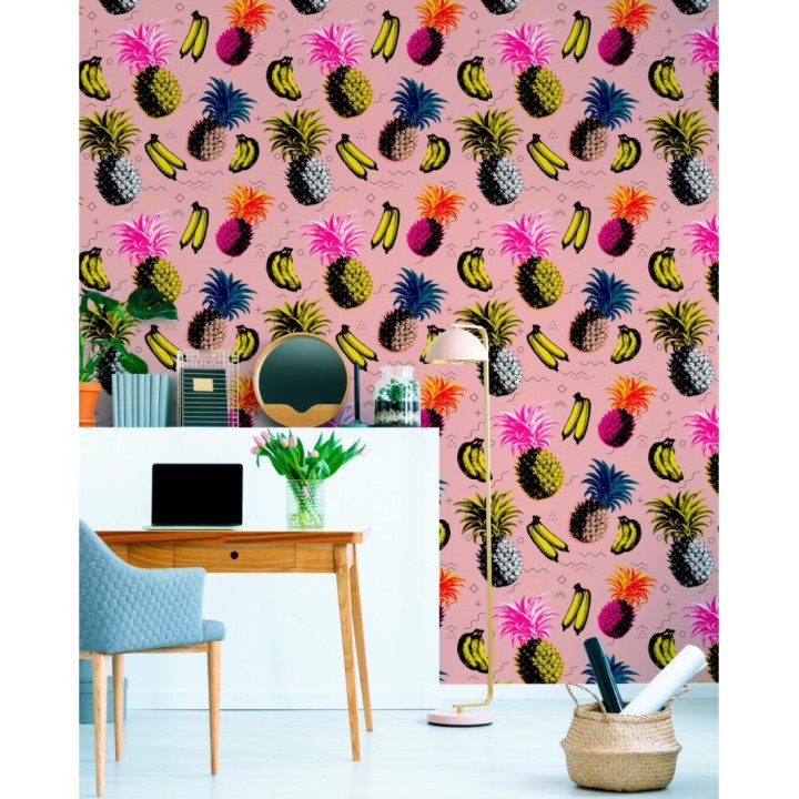 Papel pintado frutas tropicales fondo rosa estilo pop - Warhol Fruits 128140
