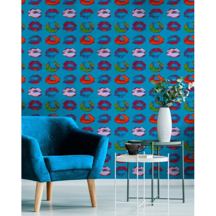 Papel pintado besos estilo pop fondo azul claro - Warhol Kisses 128143