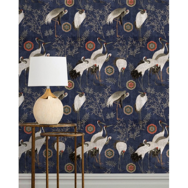 Papel pintado cigüeñas fondo azul - Yun Garden 128156