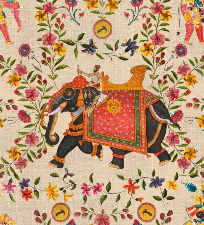 Papel pintado elefantes indios engalanados fondo claro - Kerala Ride 128166
