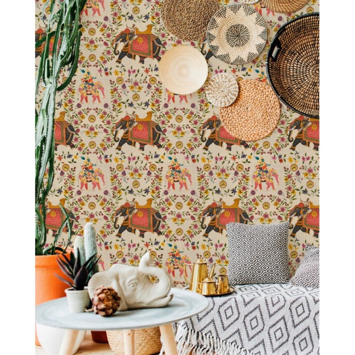 Papel pintado elefantes indios engalanados fondo claro - Kerala Ride 128166