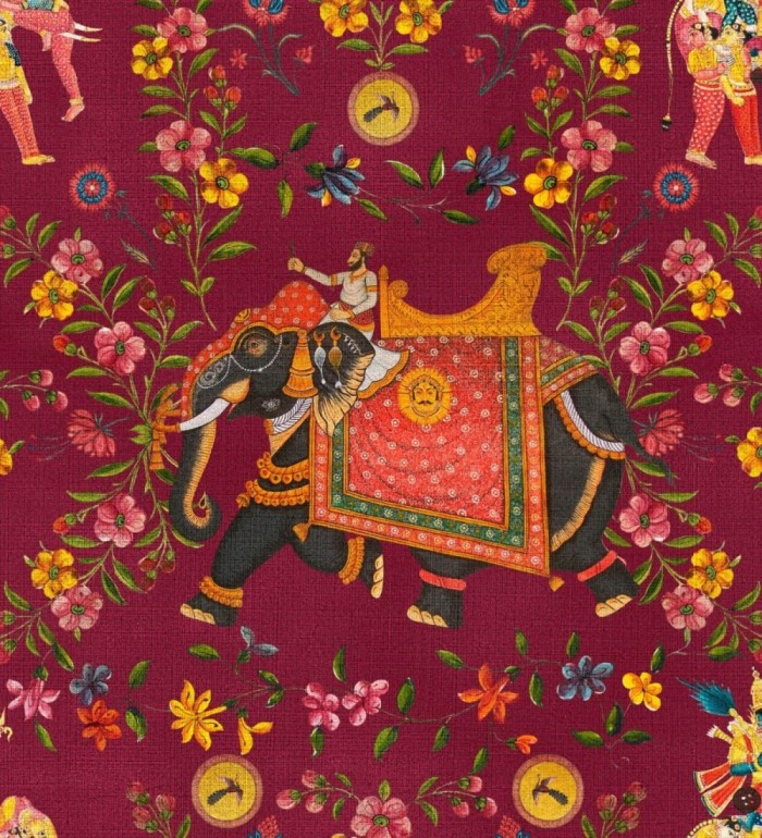 Papel pintado elefantes indios engalanados fondo cereza - Kerala Ride 128167
