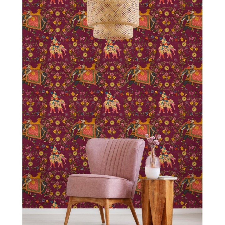 Papel pintado elefantes indios engalanados fondo cereza - Kerala Ride 128167