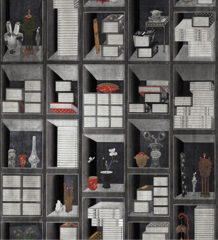 Papel pintado estantería con libros, plantas y adornos tonos grises - Kasukabe Tana 128183