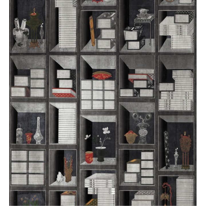 Papel pintado estantería con libros, plantas y adornos tonos grises - Kasukabe Tana 128183