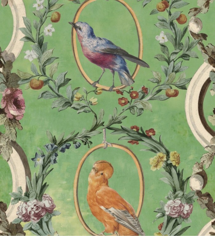 Papel pintado pájaros y flores estilo romántico fondo verde - Mina Garden 128187