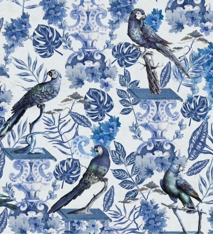 Papel pintado loros y hojas de selva tropical azules - Jade Parrots 128189