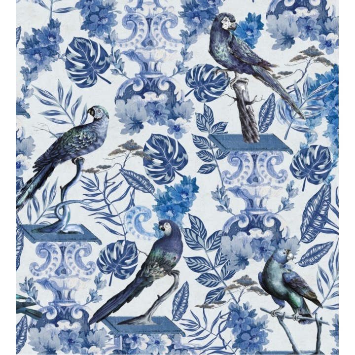 Papel pintado loros y hojas de selva tropical azules - Jade Parrots 128189