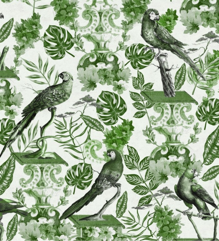 Papel pintado loros y hojas de selva tropical verdes - Jade Parrots 128191