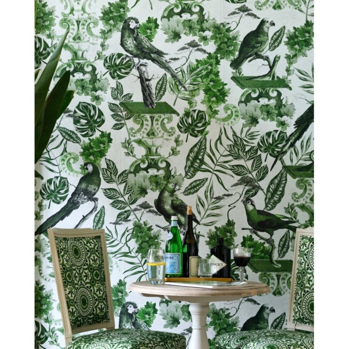Papel pintado loros y hojas de selva tropical verdes - Jade Parrots 128191