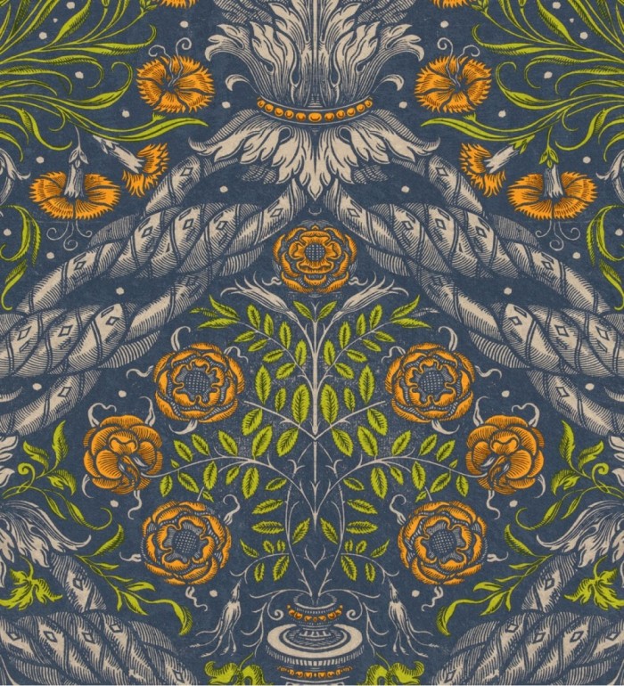 Papel pintado flores modernas color mostaza fondo azul - Sherwood Forest 128197