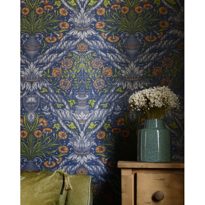 Papel pintado flores modernas color mostaza fondo azul - Sherwood Forest 128197