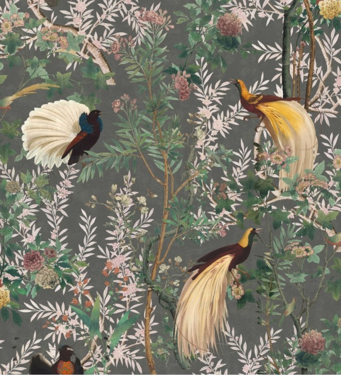 Papel pintado aves elegantes en jardín floral - Dharma Garden 128200
