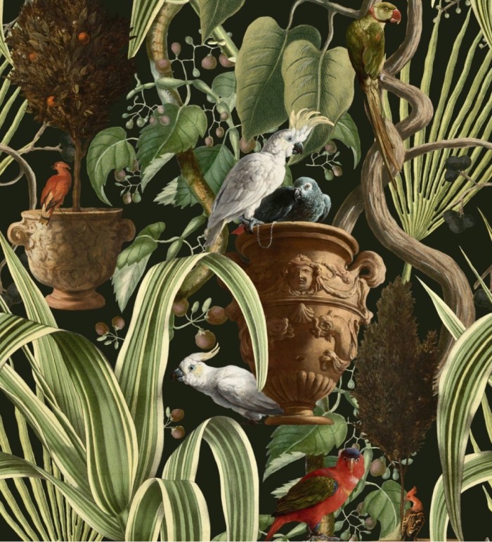 Papel pintado hojas y pájaros sobre vasijas clásicas - Salonta Garden 128207