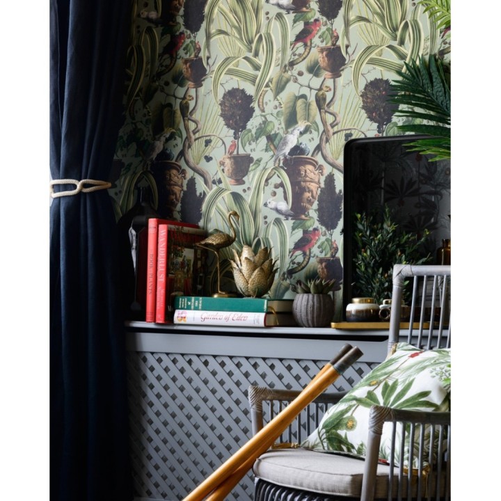 Papel pintado hojas y pájaros sobre vasijas clásicas - Salonta Garden 128207