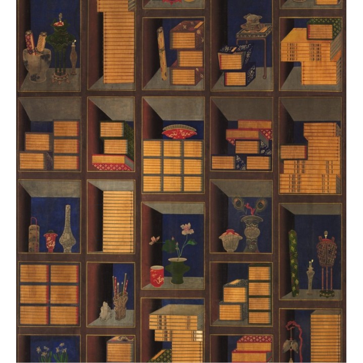 Papel pintado estantería con libros, plantas y adornos tonos ocres - Kasukabe Tana 128213