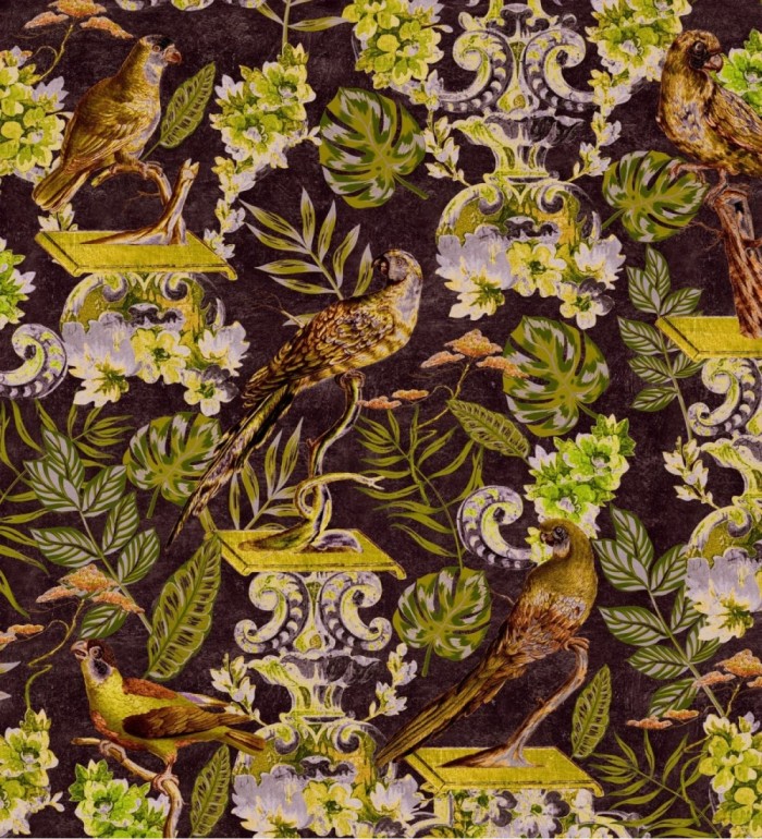 Papel pintado pájaros sobre pedestal y hojas de jardín tropical - Dimitrie Garden 128222