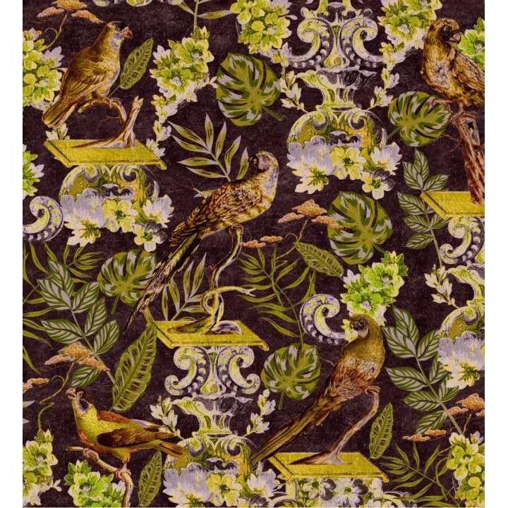 Papel pintado pájaros sobre pedestal y hojas de jardín tropical - Dimitrie Garden 128222