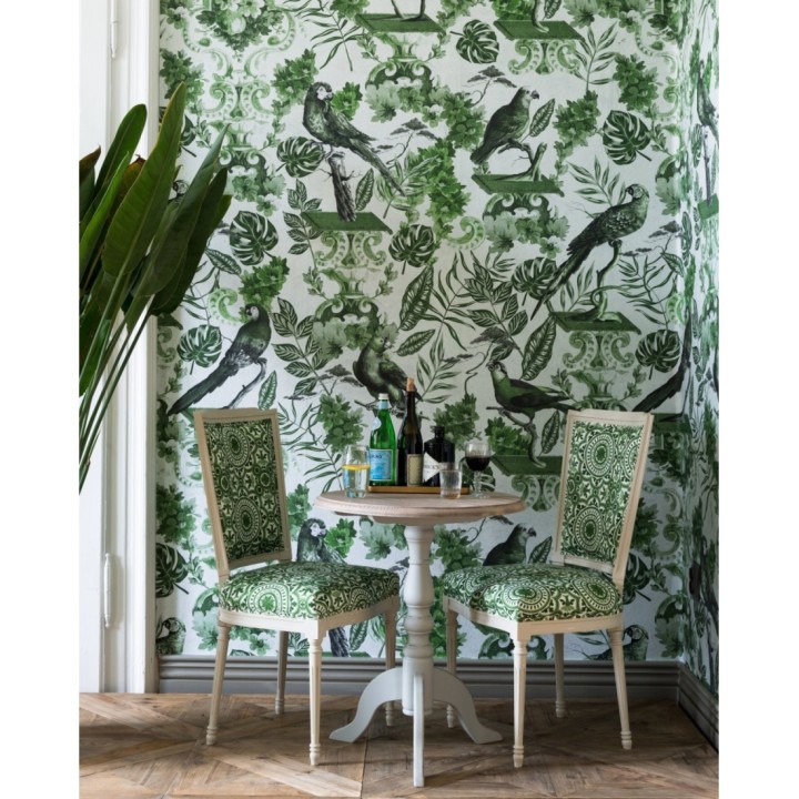 Papel pintado pájaros sobre pedestal y hojas de jardín tropical - Dimitrie Garden 128222