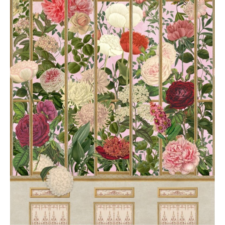 Papel pintado jardín de camelias visto a través de una reja  - Hana Window 128223