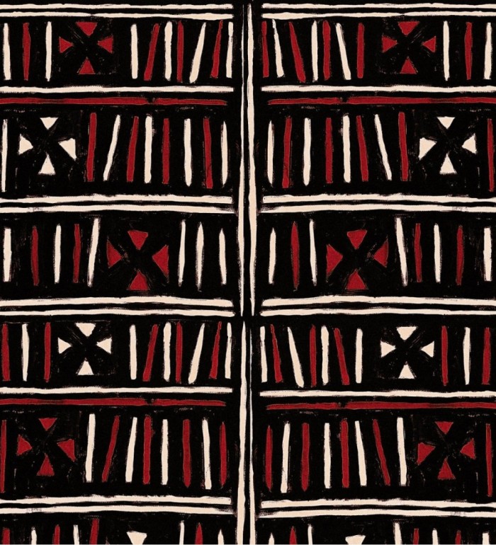 Papel pintado aspas y trazos blanco, negro y rojo estilo étnico - Sarabi Hall 128243