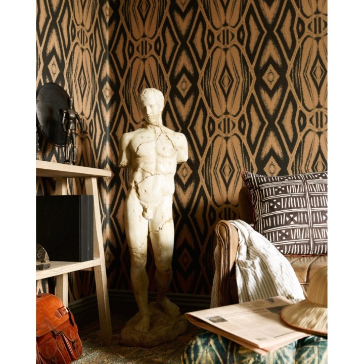 Papel pintado efecto tapiz negro y beige estilo étnico - Katya Reflect 128247