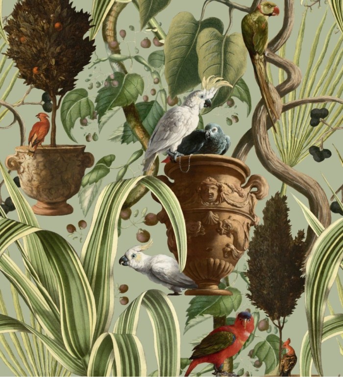 Papel pintado papagallos sobre vasijas romanas y vegetación - Papagali Garden 128259