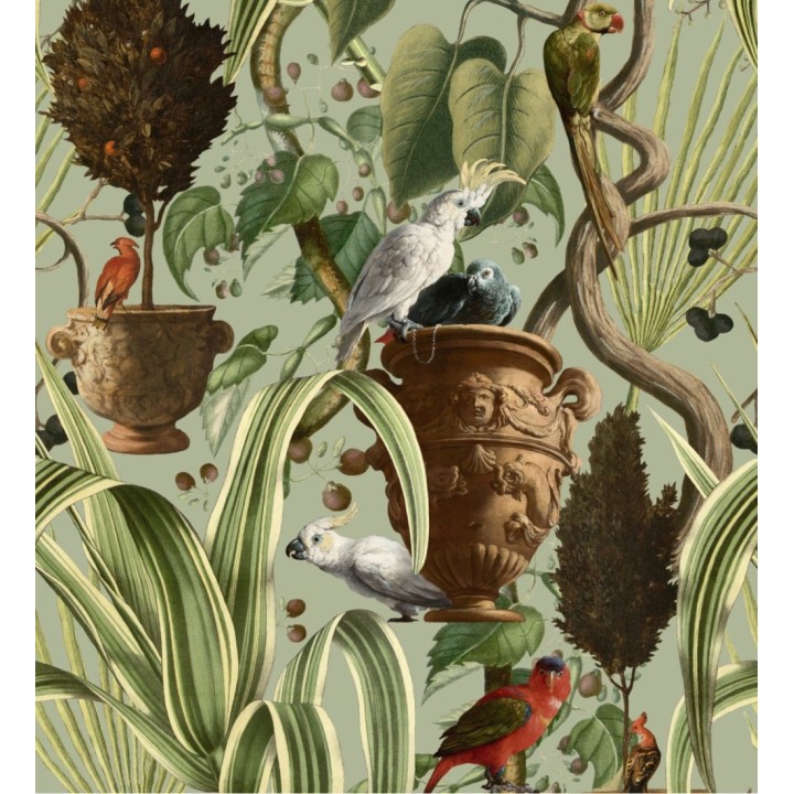 Papel pintado papagallos sobre vasijas romanas y vegetación - Papagali Garden 128259