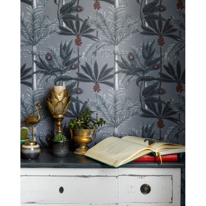 Papel pintado palmeras y cocos tonos grises - Askar Jungle 128262