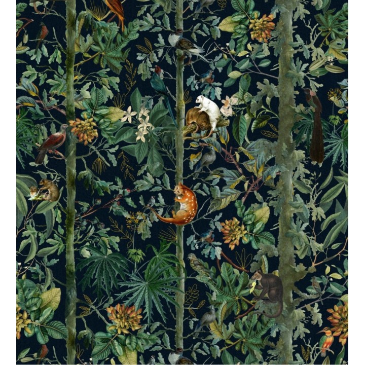 Papel pintado ardillas trepando en las ramas de árboles tropicales fondo oscuro - Rain Jungle 128270