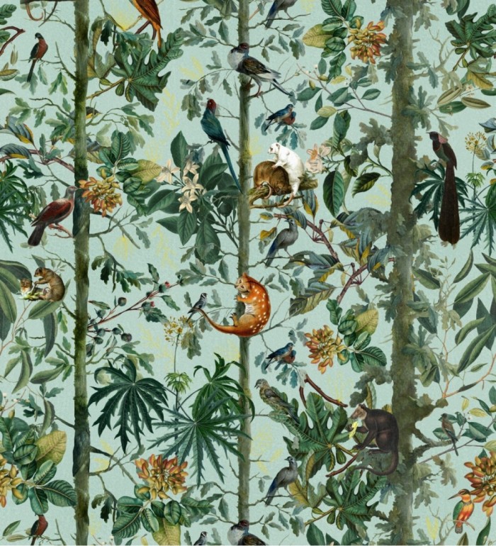 Papel pintado ardillas trepando en las ramas de árboles tropicales fondo claro - Rain Jungle 128271