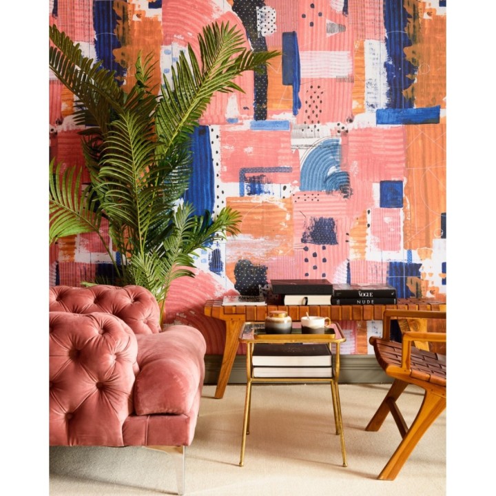 Papel pintado lienzo abstracto tonos rosas y azules - Douglas Cascade 128272