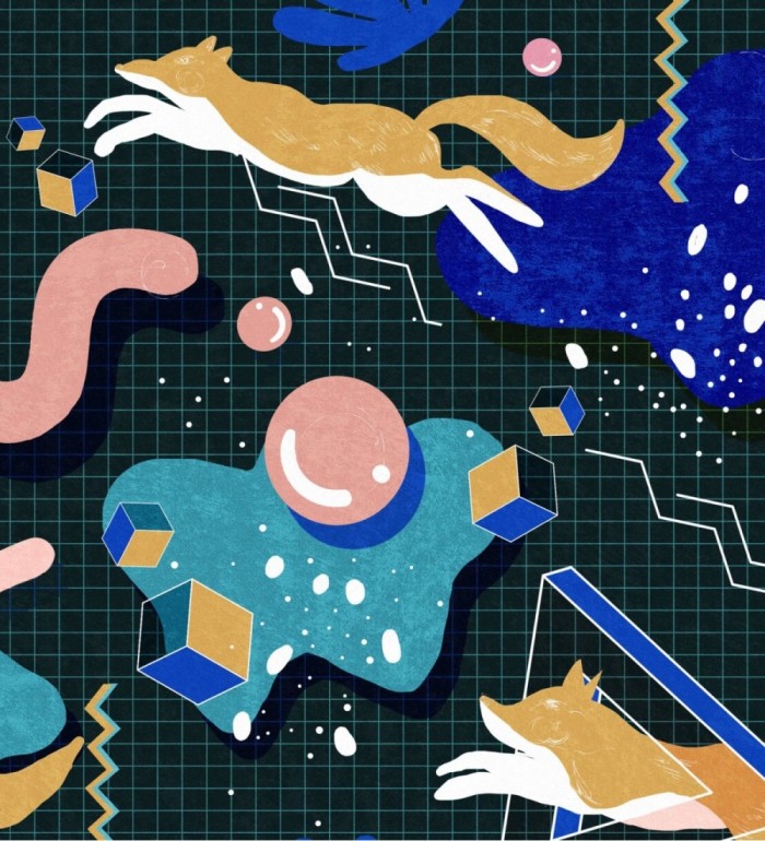 Papel pintado cuadrícula con con cubos, círculos y animales - In Orbita 128280