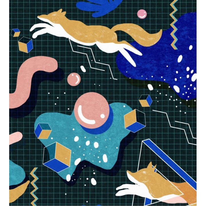 Papel pintado cuadrícula con con cubos, círculos y animales - In Orbita 128280