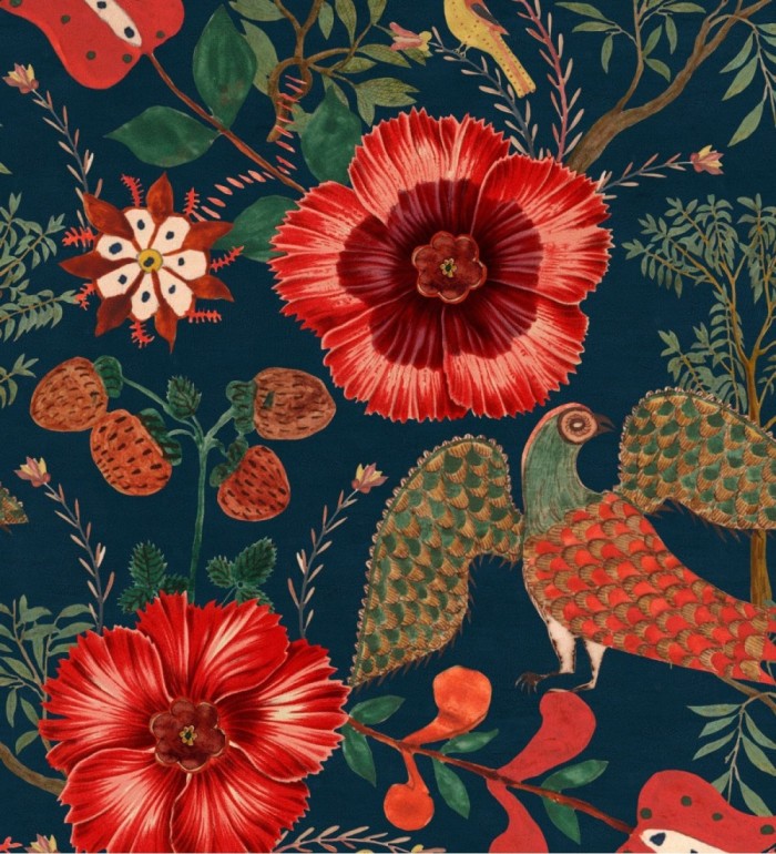 Papel pintado jardín de flores grandes rojas y pájaros - Beth Flowers 128284