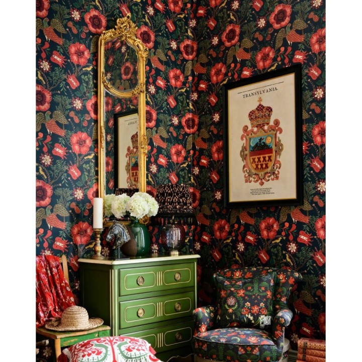 Papel pintado jardín de flores grandes rojas y pájaros - Beth Flowers 128284