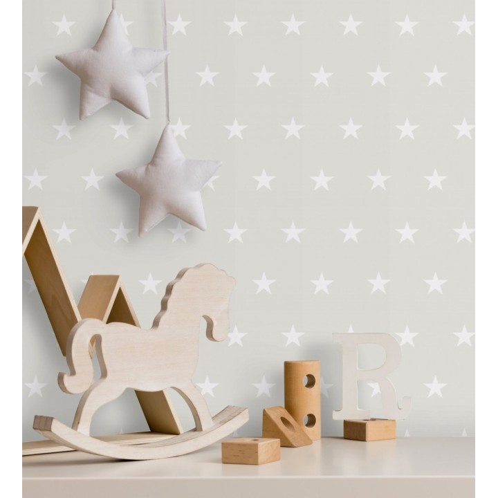 Papel pintado infantil de estrellas color blanco nácar  fondo gris mate - Keira Stars 128297