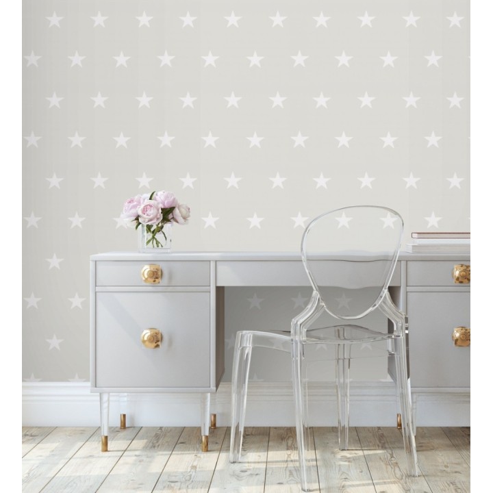 Papel pintado infantil de estrellas color blanco nácar  fondo gris mate - Keira Stars 128297