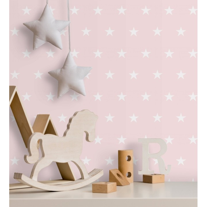 Papel pintado infantil de estrellas color blanco nácar fondo rosa roto mate - Keira Stars 128298